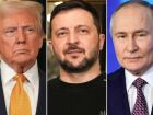 Os presidentes Donald Trump, Vladimir Zelensky e Vladimir Putin 
