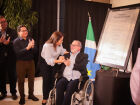 Autoridades participam da cerimônia de lançamento da pedra fundamental da nova sede do Sistema Comércio de MS, em Campo Grande.