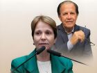 A senadora Tereza Cristina em destaque e, ao fundo, o comentarista Manoel Afonso, que analisou no rádio os cenários para a presidência do Senado em 2027