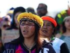 Lideranças indígenas Guarani Kaiowá do Mato Grosso do Sul durante protesto em Brasília, em agosto de 2024