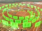 Vista aérea do canteiro de obras da Arauco, em Inocência (MS), com projeção ilustrativa dos 350 hectares que a nova fábrica ocupará  o equivalente a 350 campos de futebol.