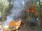 Equipes da Defesa Civil isolam a área de canavial em Tambaú, onde um avião agrícola caiu e pegou fogo; piloto conseguiu sair antes do incêndio.