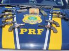 PRF apreendeu fuzil, revólveres e mira holográfica escondidos em compartimento oculto de veículo no norte do Paraná.