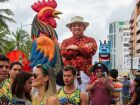 Foliões acompanham o Galo da Madrugada no Ibirapuera ao som de frevo e maracatu.