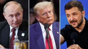 Presidente da Rússia, Vladmir Putin, presidente dos EUA, Donald Trump e presidente da Ucrânia, Volodymyr Zelensky