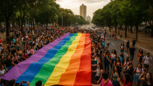 Multidão percorre as ruas de Campo Grande neste sábado (13) durante a 22ª Parada da Diversidade, com a tradicional bandeira arco-íris estendida pelos participantes.