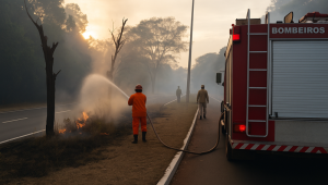 Bombeiros usam mangueiras e bombas costais para conter o incêndio no Parque dos Poderes, em Campo Grande