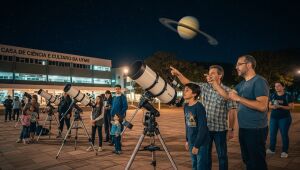 Público acompanha telescópios montados na Casa de Ciência e Cultura da UFMS em noite dedicada à observação de Saturno  imagem criada para ilustrar a atividade.