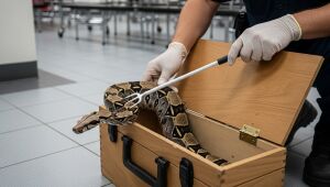 Jiboia filhote resgatada no forro do refeitório do Sinpol, em Campo Grande, é colocada em caixa de contenção pela Polícia Militar Ambiental antes de ser levada ao Cras (Centro de Reabilitação de Animais Silvestres).