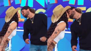 Ana Castela e Zé Felipe deram primeiro beijo em público durante gravação do 'Domingo Legal' no SBT.