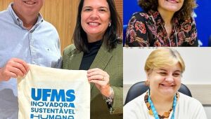 O governador Eduardo Riedel com a Reitora da UFMS, Camila Ítavo, Rose Pinheiro, diretora da Editora da UFMS, e Lia Brambilla, Pró-Reitora de Cultura da UFMS