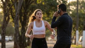 Cena dramatizada mostra o momento em que uma corredora é surpreendida por um homem durante atividade física.