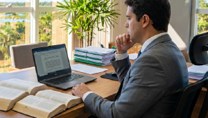 Em ambiente de trabalho, magistrado revisa documentos e prepara texto para publicação acadêmica ligada ao Judiciário.