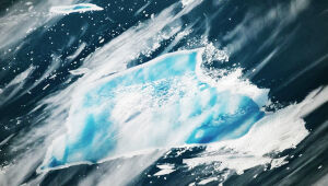 Imagem de satélite mostra o A-23A, maior iceberg do mundo, com fissuras e poças de água na superfície, em processo avançado de desintegração no Atlântico Sul.