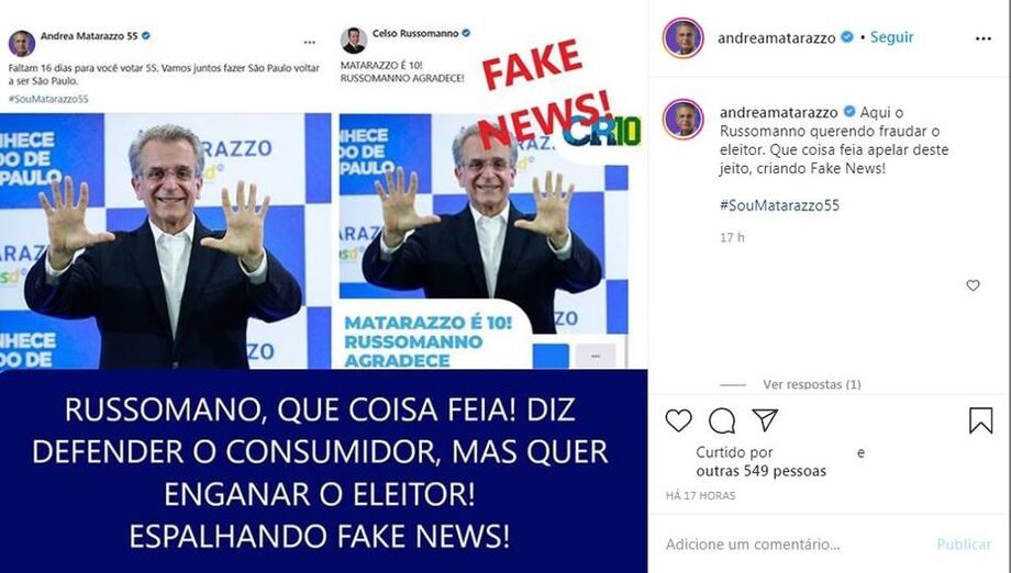 Nas redes, Andrea Matarazzo (PSD) reclamou de postagem de Celso Russomanno (Republicanos).