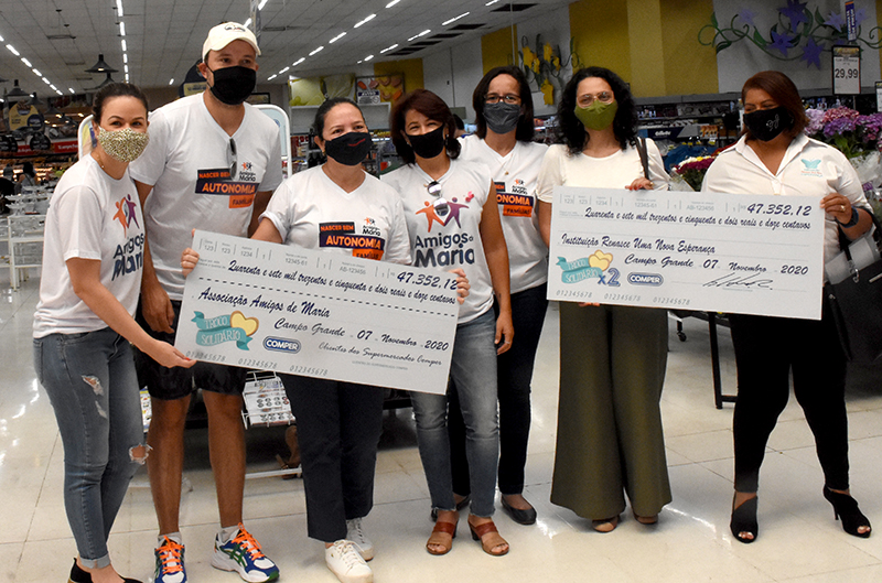 Na manhã do último sábado (7), no Hiper Center Jardim dos Estados, as entidades Associação Amigos de Maria e Associação Renasce uma Nova Esperança, receberam R$ 47.352,12 cada uma, totalizando R$ 94.704,24