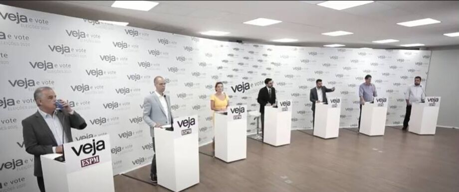 Arthur do Val (Patriota), Bruno Covas (PSDB), Guilherme Boulos (PSOL), Jilmar Tatto (PT), Joice Hasselmann (PSL) e Márcio França (PSB) participam de debate da revista 'Veja'
