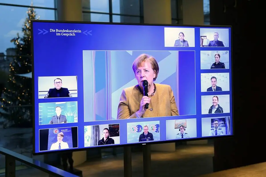 Chanceler alemã Angela Merkel participa de videoconferência com a cúpula da liderança de seu partido