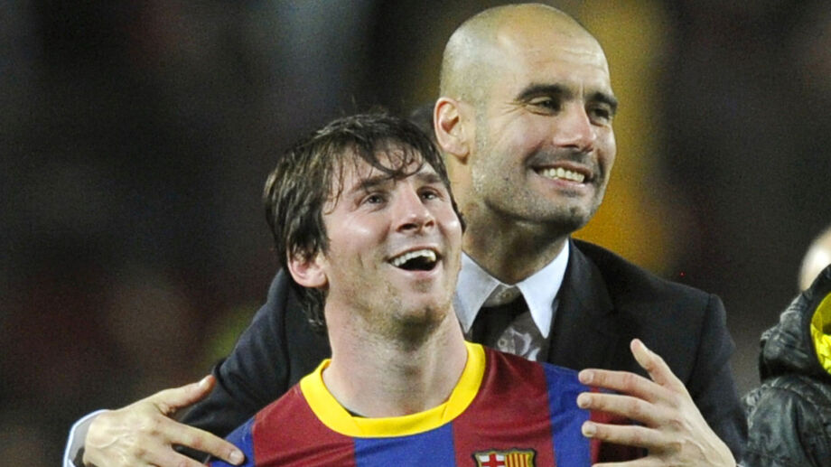 Pep Guardiola e Messi em partida do Barcelona