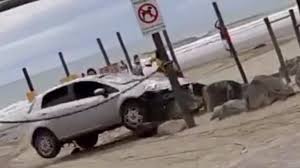 Um casal entrou de carro em uma praia de Peruíbe, no litoral de São Paulo, e o veículo foi alvo de diversas pedradas antes de colidir ao tentar, segundo testemunhas, atropelar o autor das agressões