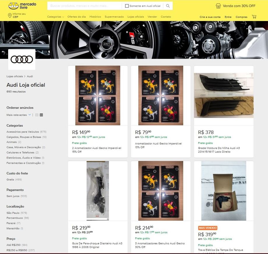 Home da loja da Audi no Mercado Livre