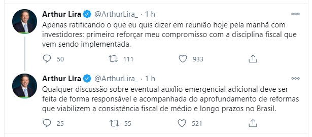 Mensagem de Arthur Lira no Twitter