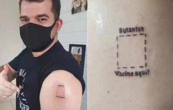 Noriel Henrique Ramos tatuou 'Butantan, vacine aqui', no seu braço esquerdo