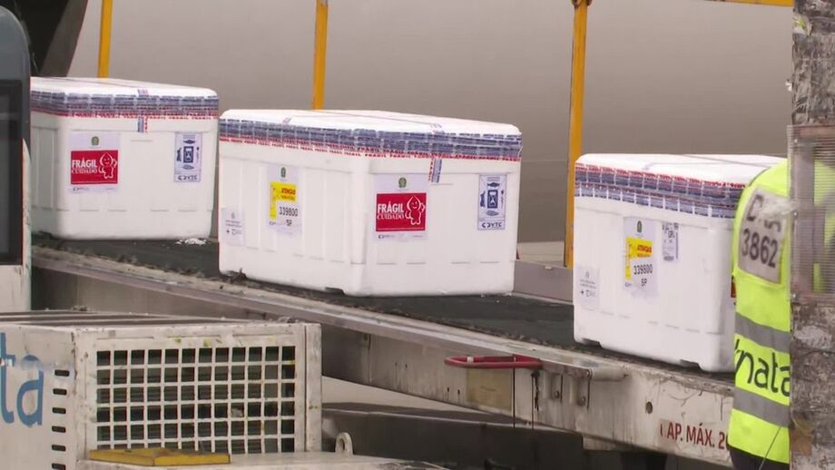 Caixas com as doses da vacina de Oxford sendo descarregadas de avião no Aeroporto de Cumbica em SP