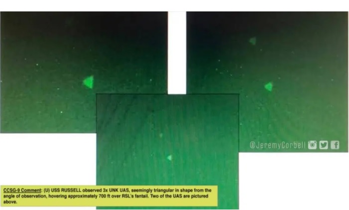 Nas imagens gravadas com algum equipamento de visão noturna é possível ver ao menos três objetos triangulares no céu.