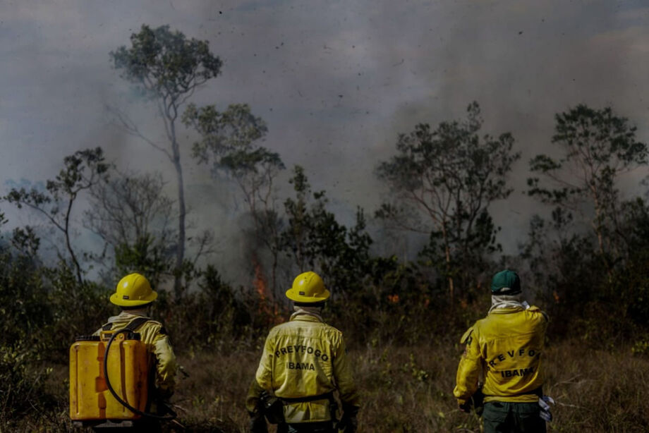 Brigadistas do Ibama combatem incêndio em unidade de conservação ambiental na região de Manicoré, no Estado do Amazonas