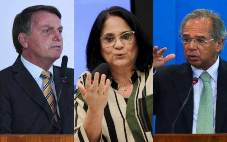 O presidente Jair Bolsonaro e os ministros Paulo Guedes e Damares Alves.