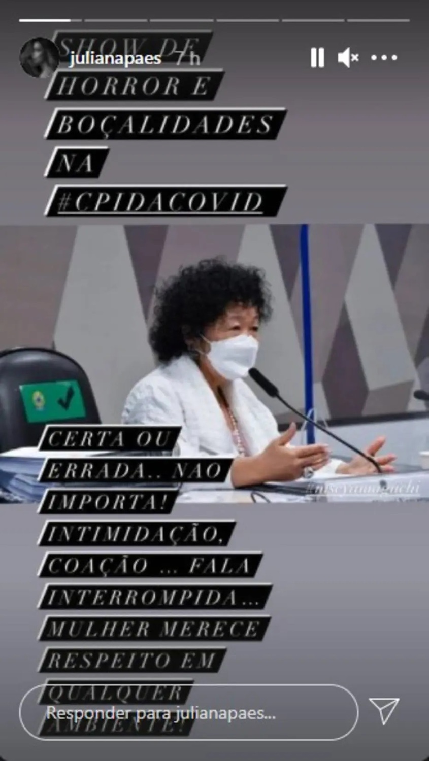 A atriz Juliana Paes comentou sobre o depoimento de Nise Yamaguchi na CPI da Covid