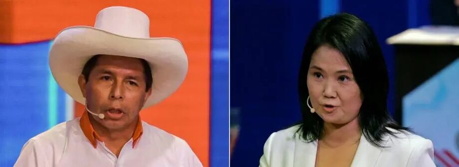 Os candidatos Pedro Castillo (E) e Keiko Fujimori durante debate em março