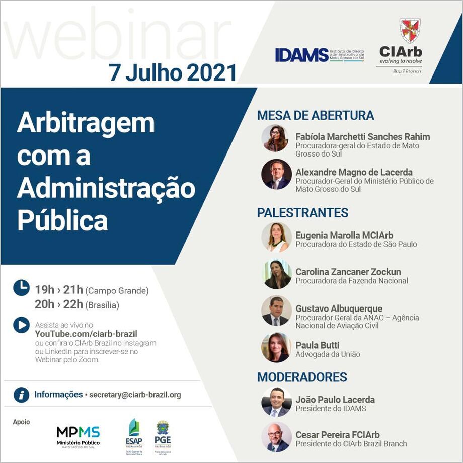 O webinar terá mesa de abertura com a procuradora-geral do Estado de Mato Grosso do Sul, Fabíola Marchetti Sanches Rahim, e com o procurador-geral de Justiça do Estado, Alexandre Magno de Lacerda