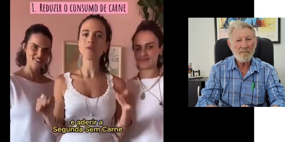 Imagens mostram influenciadoras digitais defendendo a redução do consumo de carne; No detalhe, foto do presidente do Sindicato Rural de São Gabriel do Oeste, José Aloísio Rohr, que emitiu uma nota de repúdio em relação à propaganda.