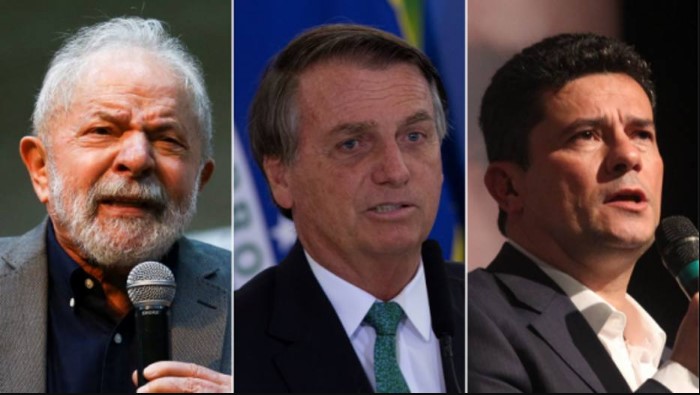 O ex-presidente Lula, o presidente Bolsonaro e o ex-juiz Sérgio Moro; petista venceria eleição no primeiro turno, aponta Datafolha