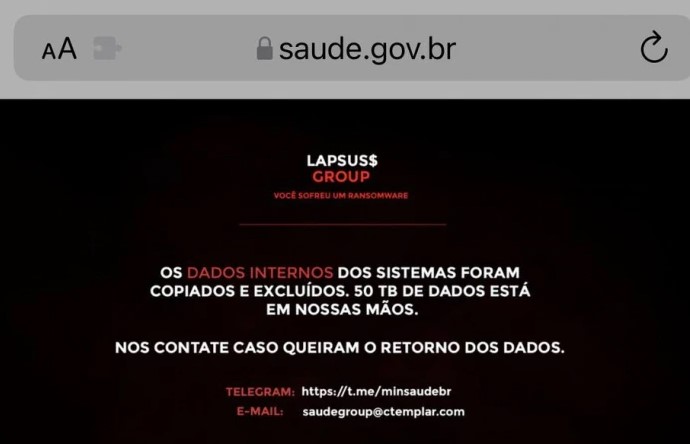 Site do Ministério da Saúde foi invadido e usuários ficaram impedidos de acessar dados
