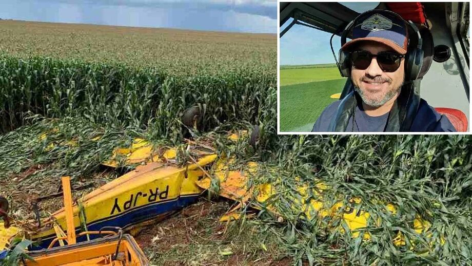 Avião agrícola ficou destruído após queda. No detalhe, Militão Macedo em foto postada nas redes sociais.