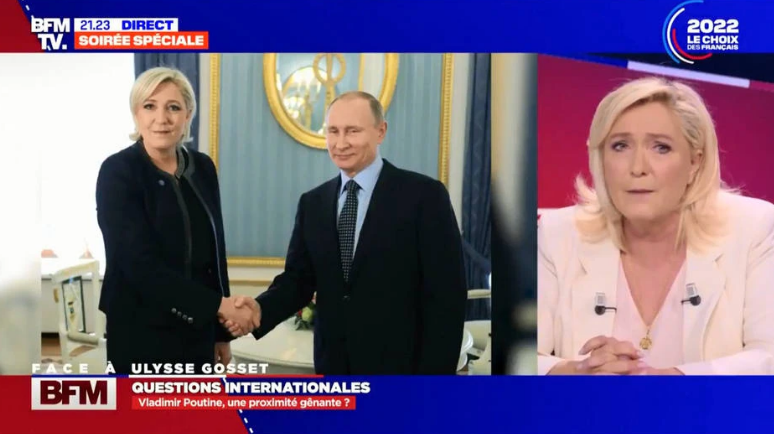 Entrevista de Marine Le Pen à BFM TV, candidata foi confrontada com foto ao lado de Putin.