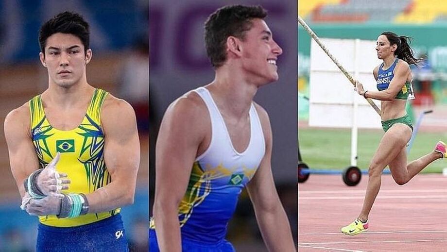 Arthur Nory, da ginástica artística, Rayan Castro, da ginástica de trampolim, e Juliana Campos
