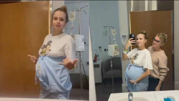 Isabella Scherer brincou com a camisola que veste na internação e publicou uma foto ao lado da mãe, Vanessa Medeiros