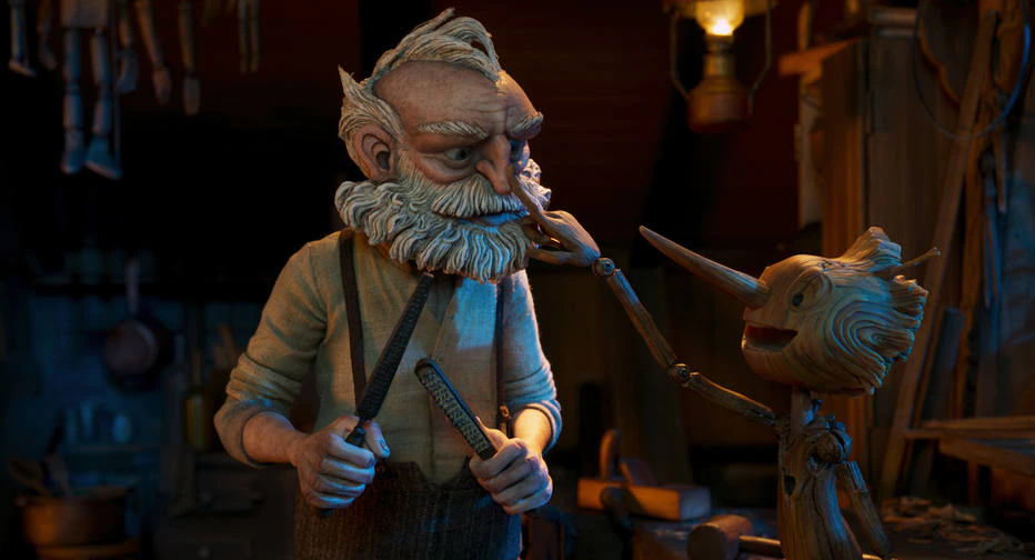 Gepetto e seu 'filho' Pinóquio, na animação de Guillermo del Toro para a Netflix