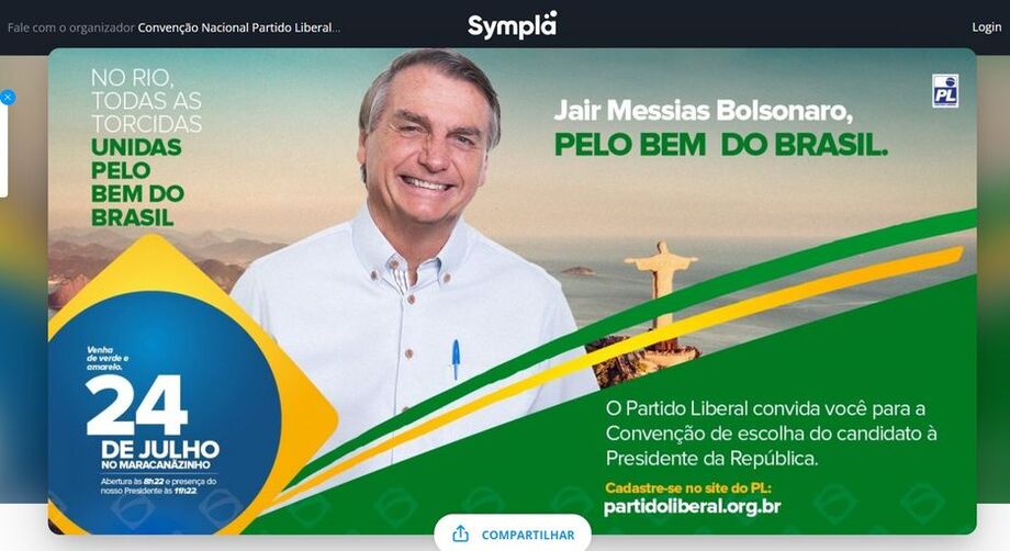 Página de acesso para aquisição de ingressos à convenção do PL que deve formalizar a pré-candidatura de Bolsonaro à reeleição
