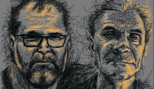 Bruno Pereira e Dom Phillips em ilustração sobre fotos recentes