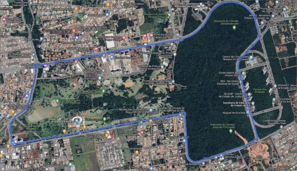Percurso que será realizado durante a Corrida do Pantanal, em Campo Grande.