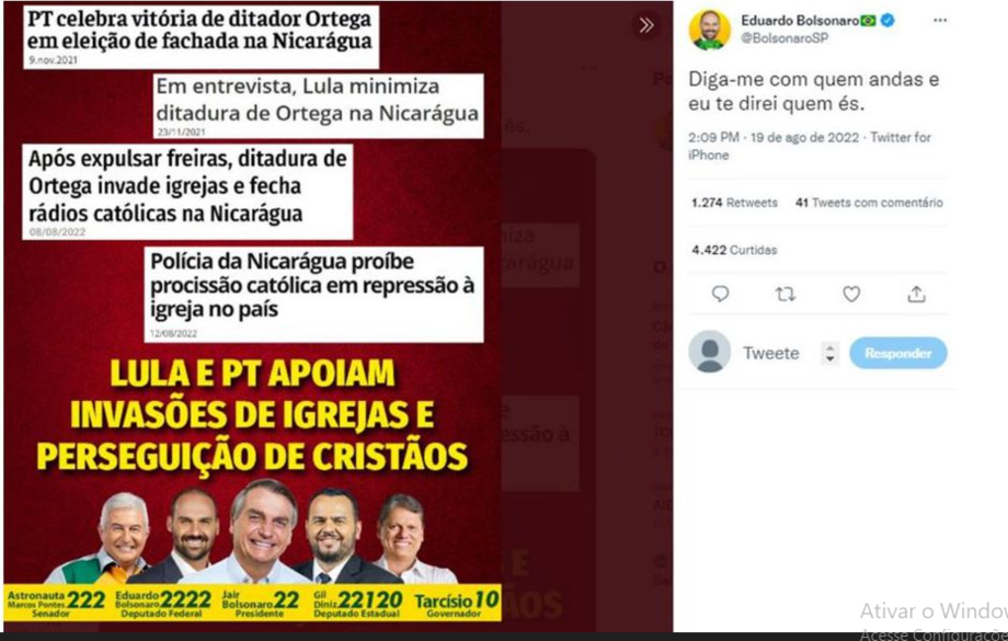 Em publicação nas redes sociais, Eduardo Bolsonaro (PL) compartilha peça com os dizeres: 'Lula e PT apoiam invasões de igrejas e perseguição de cristãos'