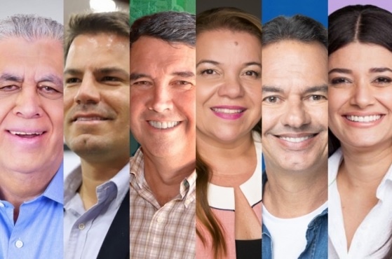 Os nomes dos candidatos em ordem alfabética: André Puccinelli, Capitão Contar, Eduardo Riedel, Giselle Marques, Marquinhos Trad e Rose Modesto