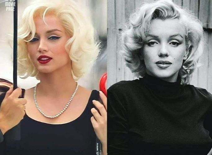 À esquerda - Ana de Armas caracterizada de Marilyn Monroe