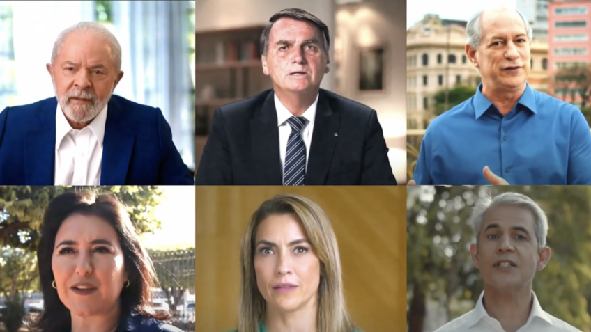 Os candidatos a presidente Lula (PT), Bolsonaro (PL), Ciro Gomes (PDT), Simone Tebet (MDB), Soraya Thronick (União Brasil) e Felipe D'ávila (Novo) em seus programas eleitorais.