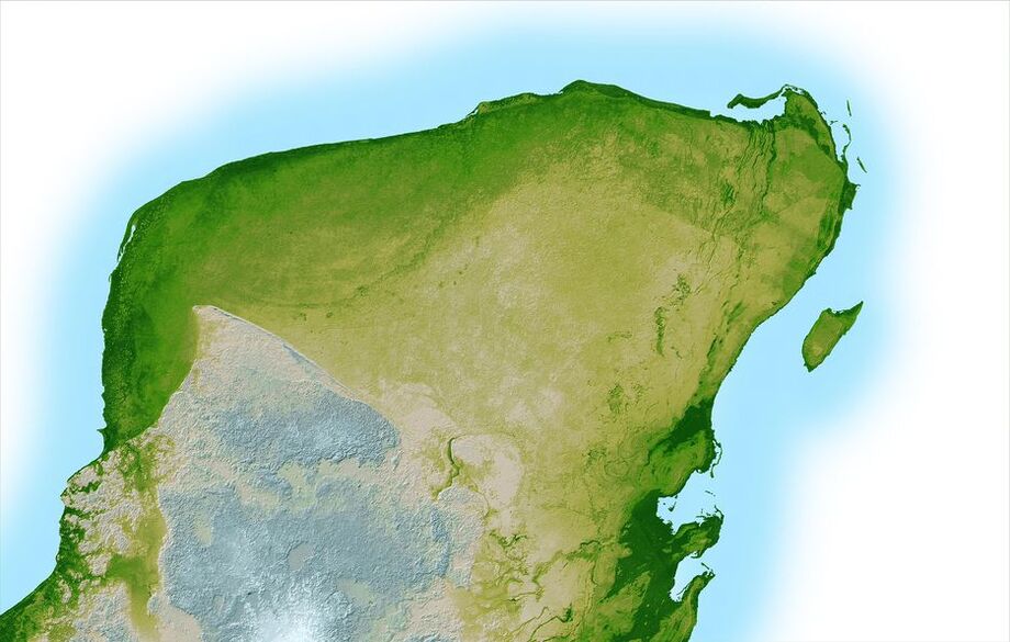 Imagem da Nasa da cratera Chicxulub, no canto superior esquerdo, local que ficou conhecido como alvo de asteroide que matou dinossauros